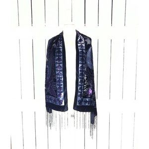 Purple/grey/black floral velvet fringe shawl scarf